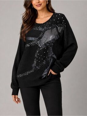Anfirson Collection Vintage Elegant Black Sweater with Embellished Design